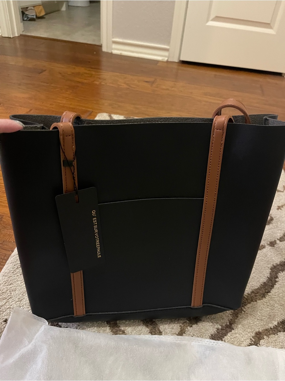 Black Tote with Tan Straps - Women Bags Briefcases